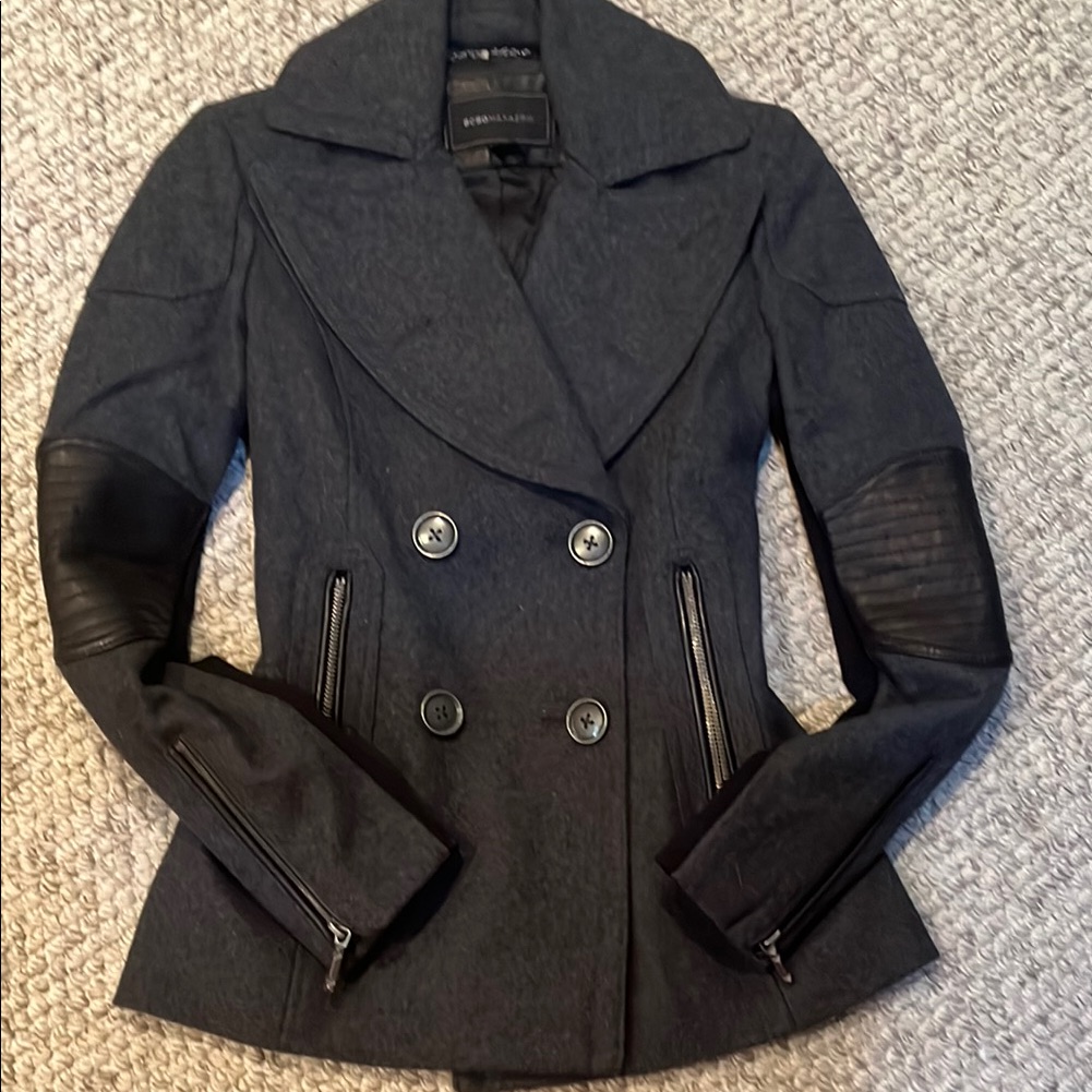 Bcbgmaxazria Black Peacoat With Notched Lapels And Tailored Fit
